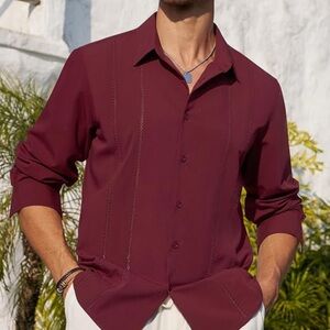 🆕LETSEE Men's Cuban Guayabera Shirt L burgundy